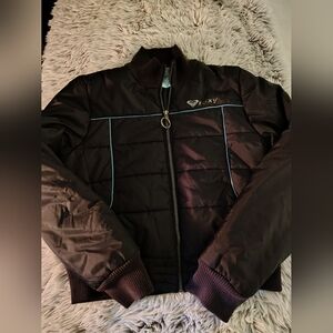 Roxy Retro Black Quilted Bomber Jacket with Light Blue Piping